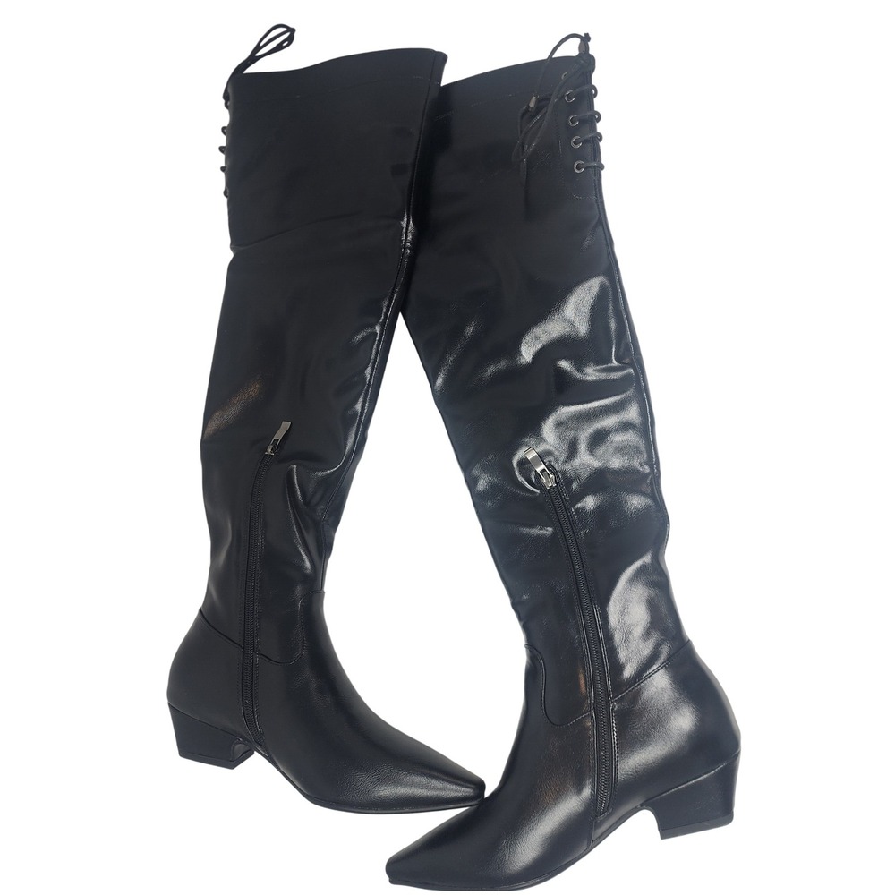 Black‎ Faux Leather Pointed Toe Over The Knee Boots Lace Up Side Zip Size 6